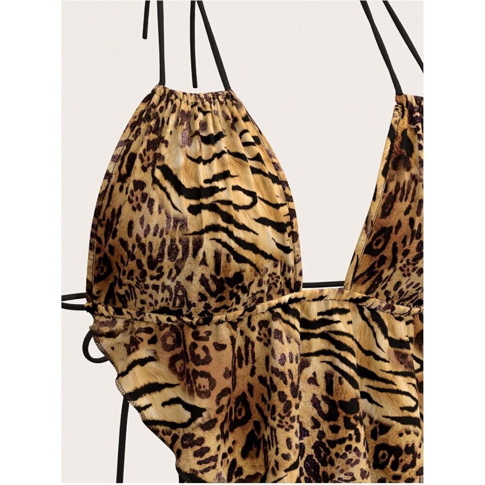 Women's Y2k Leopard Print Crop Top Halter V-Neck Ruffle Clubwear - Picture 4 of 5
